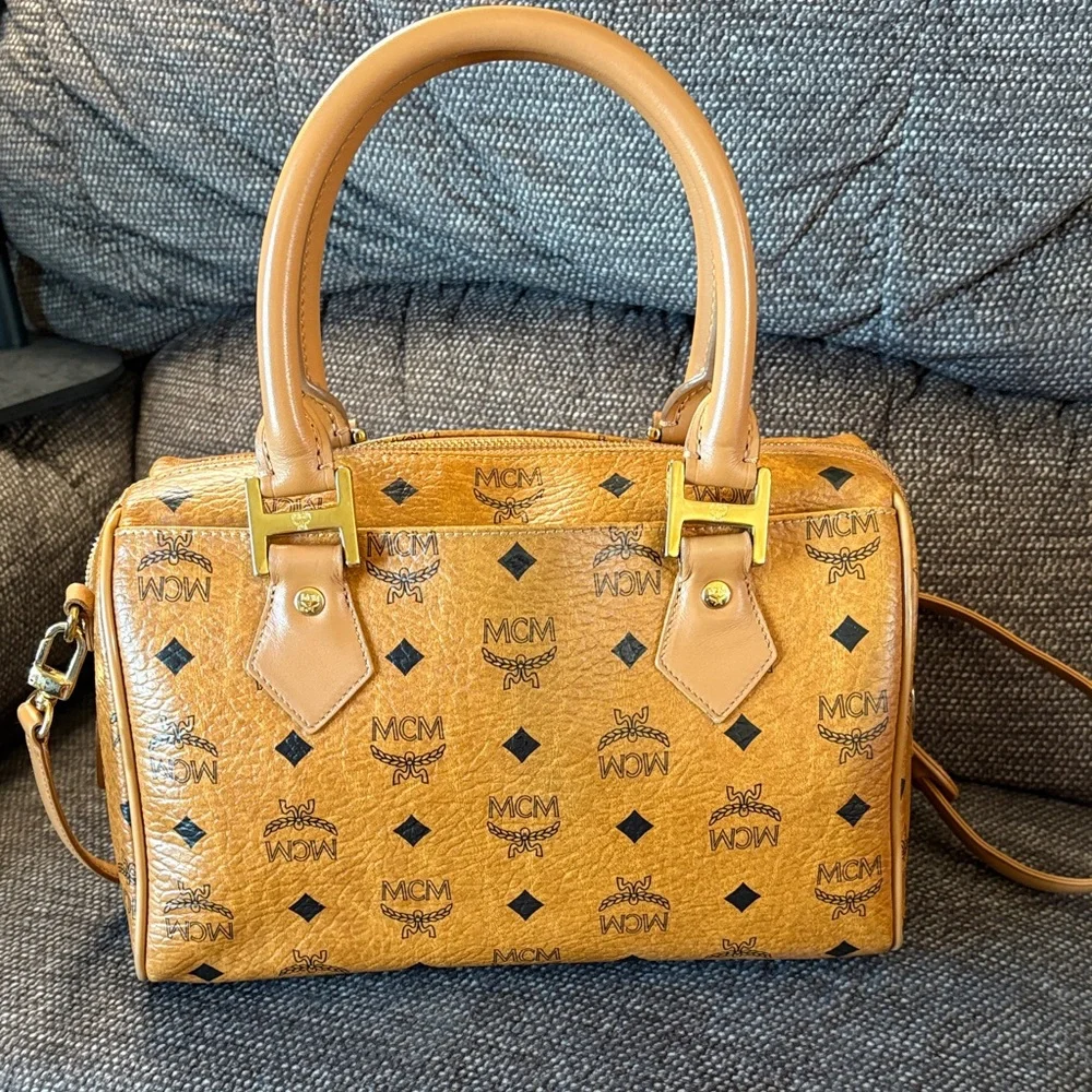 MCM Cognac Visetos Boston Bag with Strap